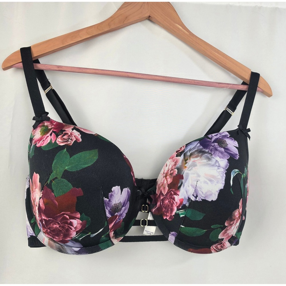 Cacique Boost Balconette Bra 36F Black Floral Strappy Underwire Padded